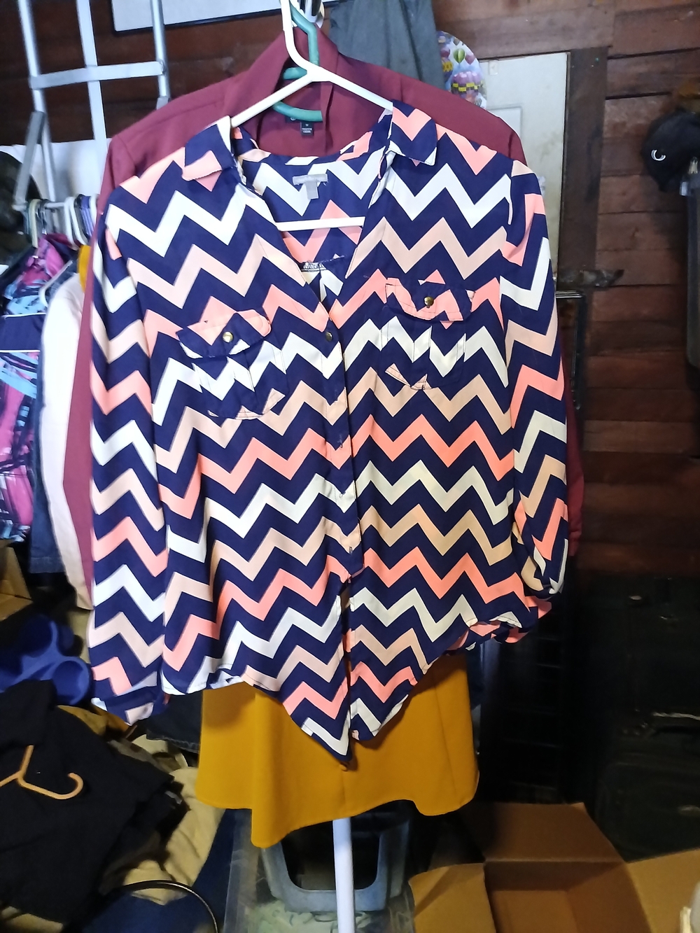 Chevron Button-Front Blouse - Navy & Coral